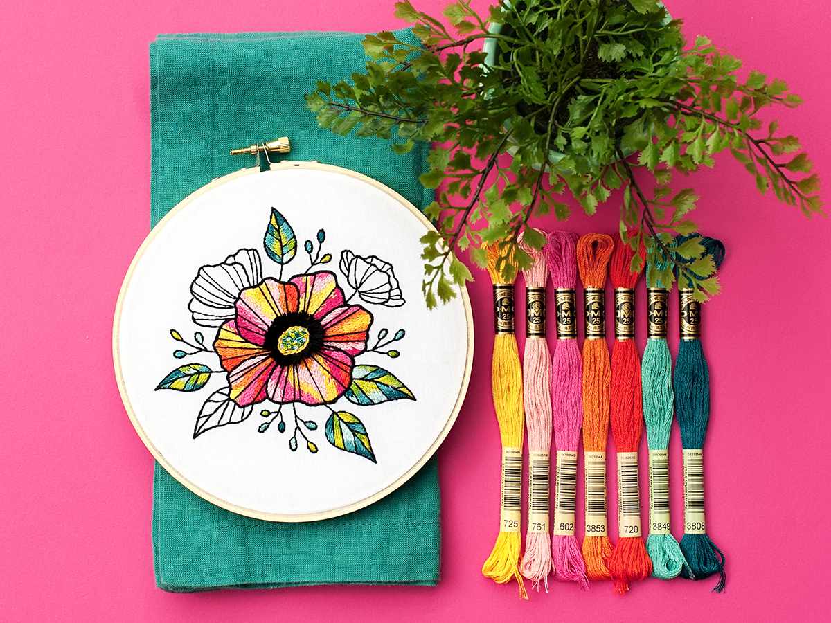 Needle Painted Floral Embroidery With Plant and Embroidery Floss