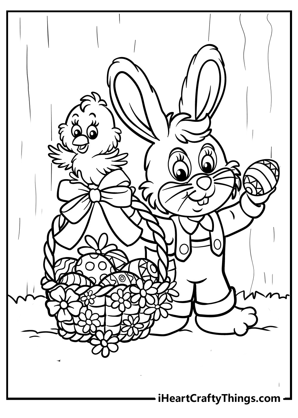一只复活节兔子带着篮子和小鸡