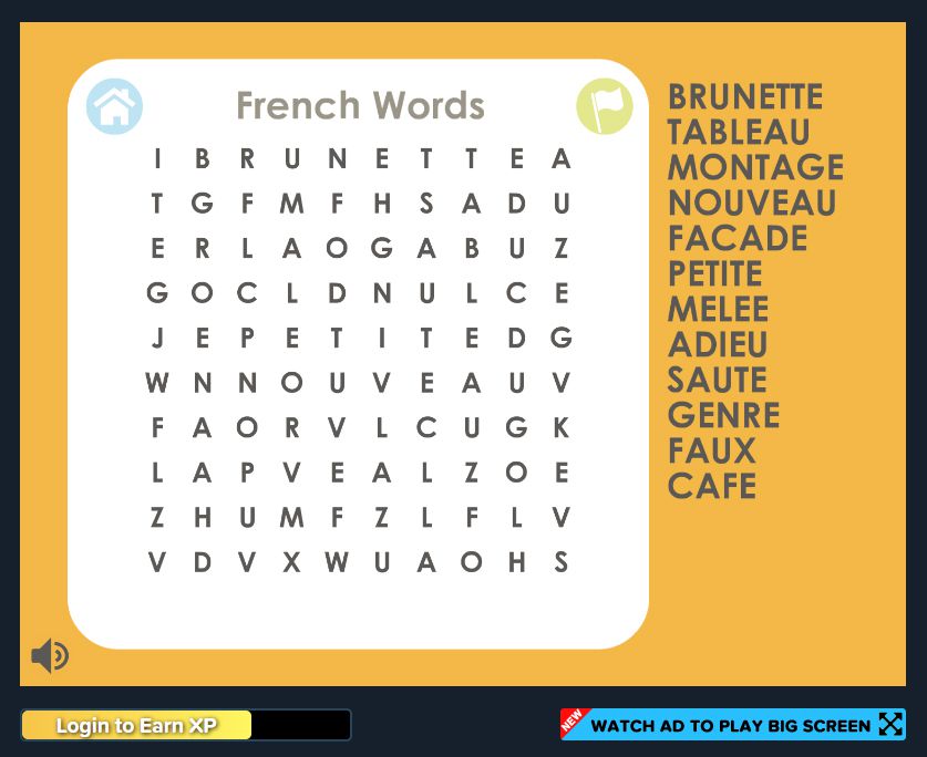 一个关于法语单词的单词搜索