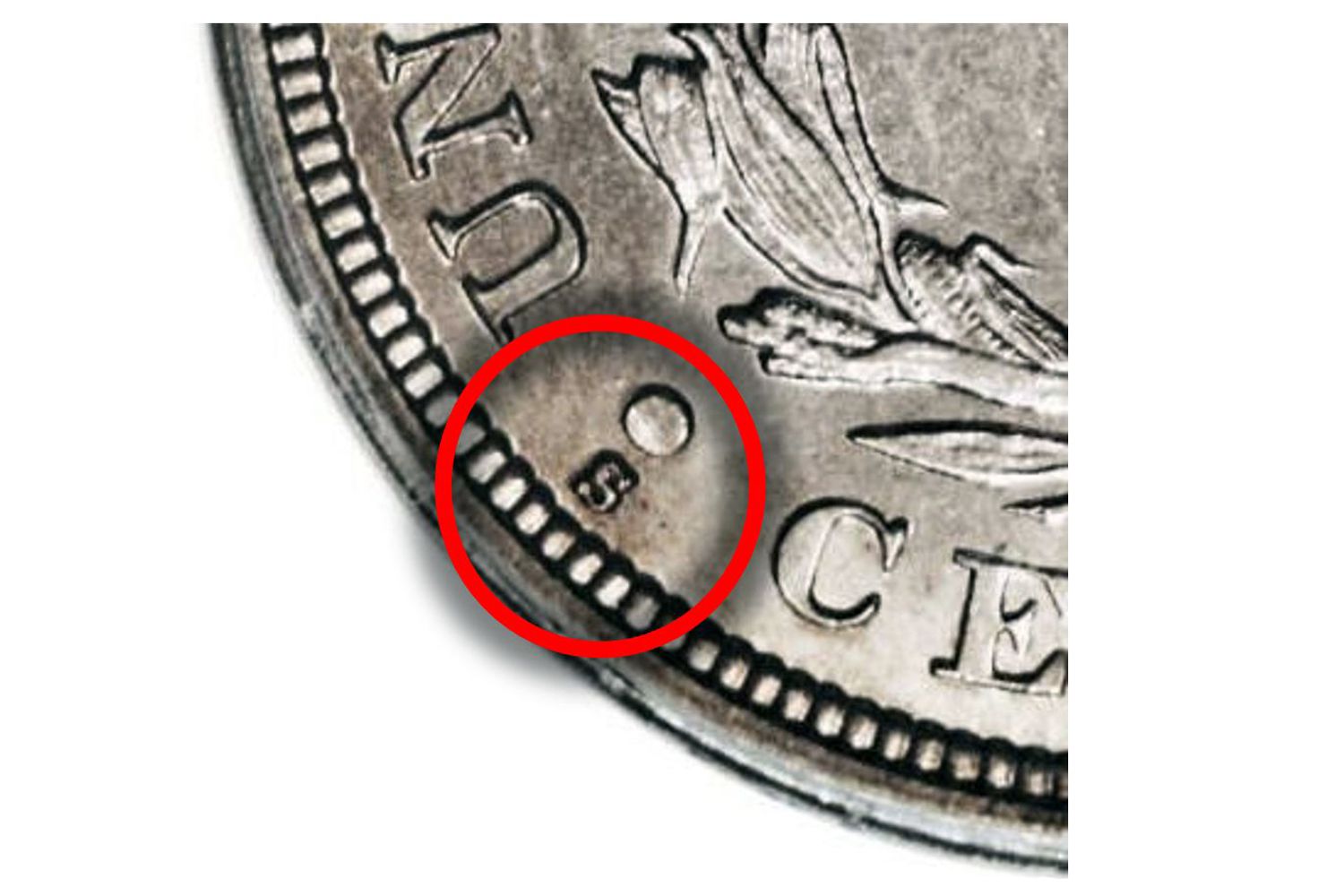 自由头像硬币上的铸币标记的位置
