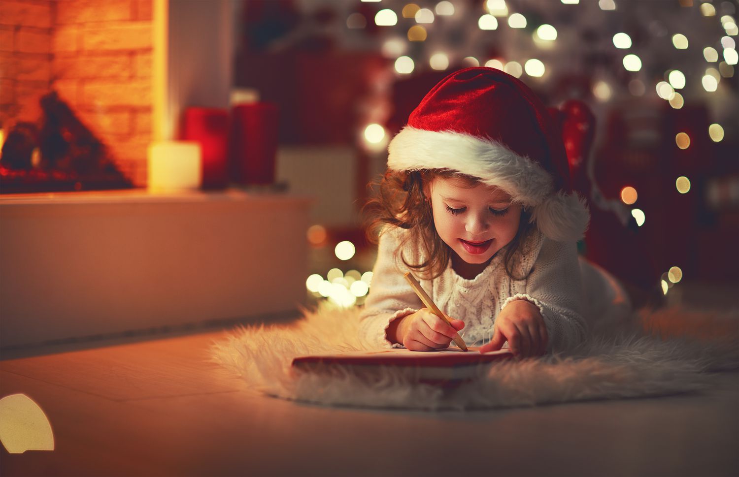 小姑娘在圣诞树旁给圣诞老人写信