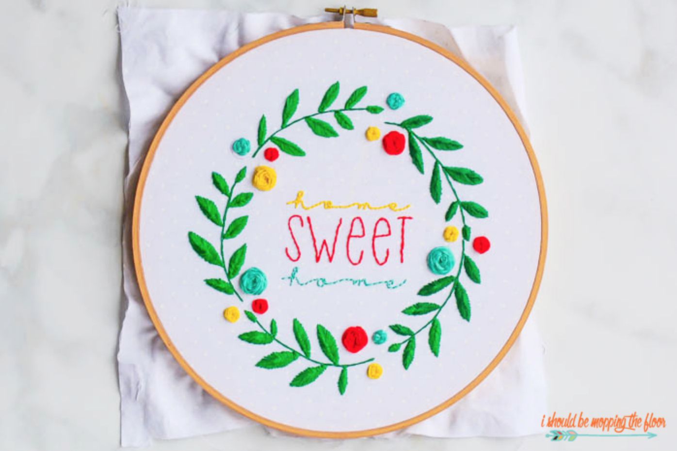 Home Sweet Home in a Floral Wreath Embroidery Pattern