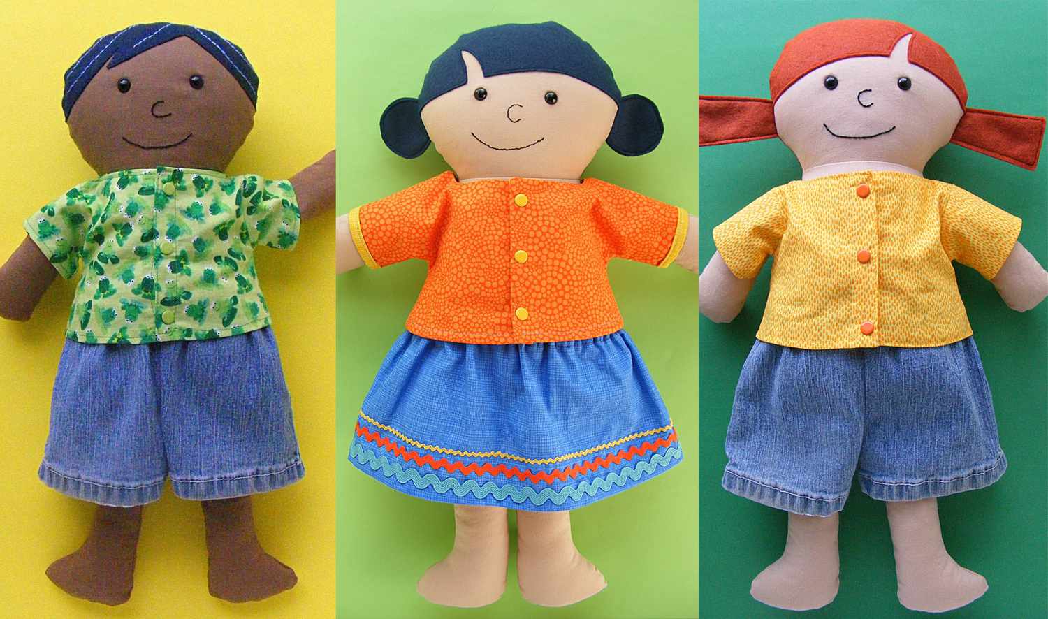 Easy-sew娃娃衬衫、短裤和裙子三娃娃。