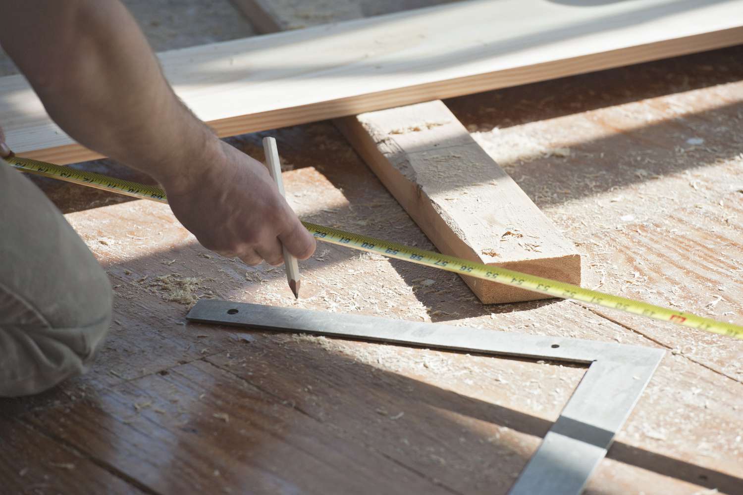 承包商使用卷尺测量地板上的直边板的角度，安大略省