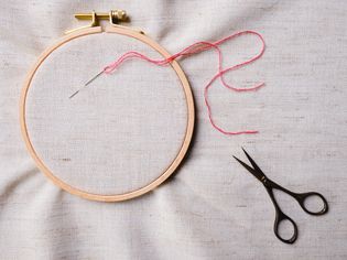 Embroidery set. White linen fabric, embroidery hoop, colorful threads and needls. Copy space