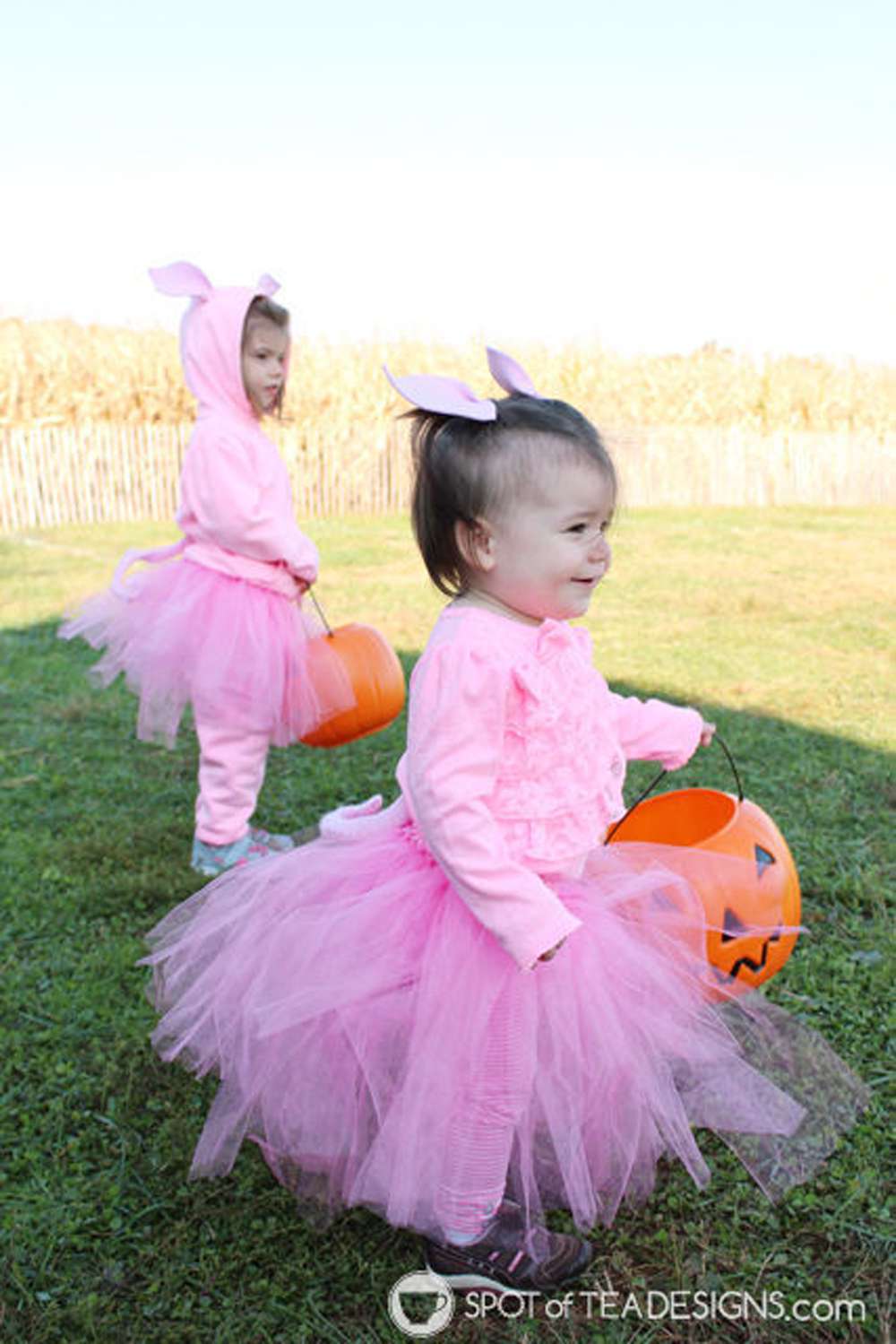 两个蹒跚学步的孩子穿着粉红色的芭蕾舞短裙