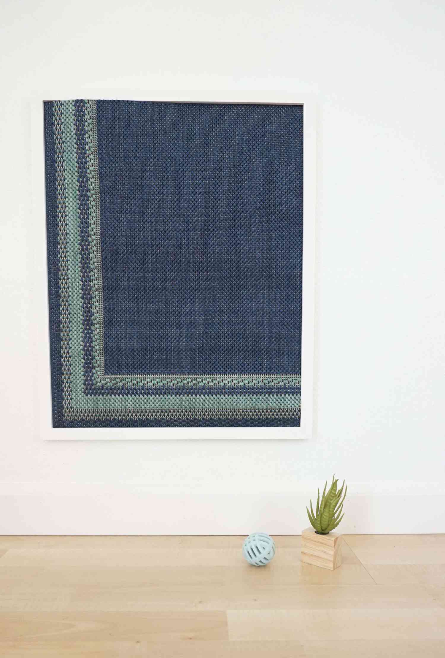 A blue framed rug with a tiny plant and cat toy.