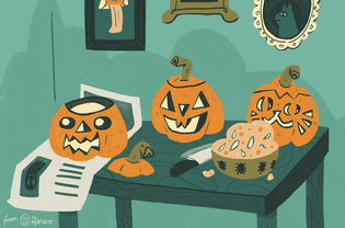 An illustration of jack-o-lanterns being carved on a table