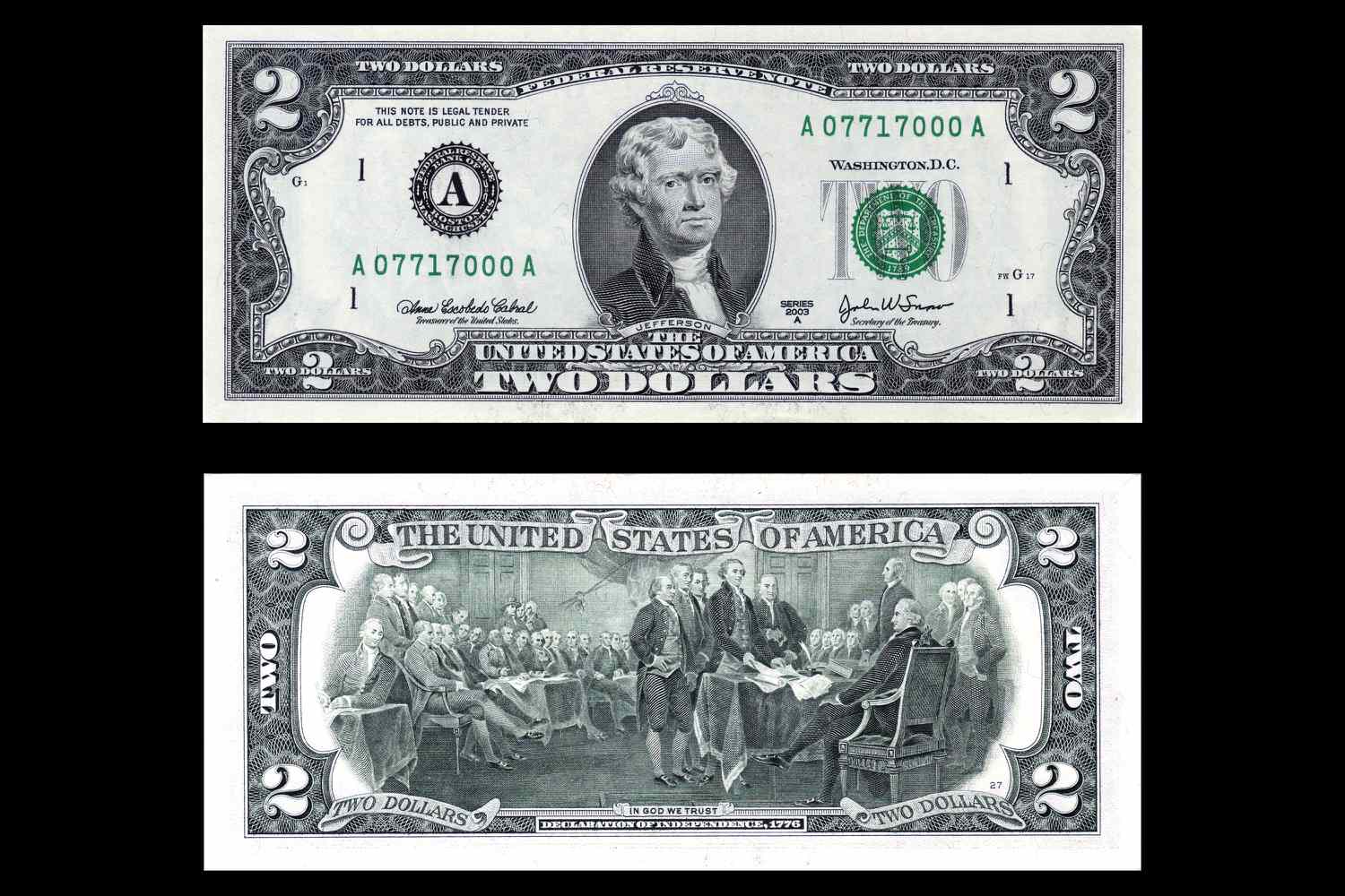 团结起来d States Two Dollar Bill