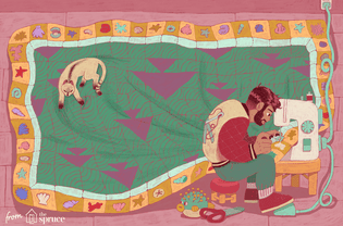 An illustration of a man sewing a quilt with a cat sitting on it