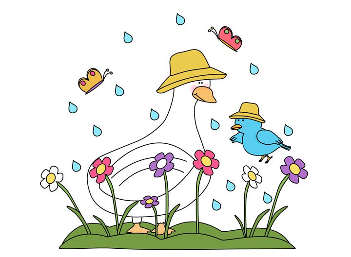 一只鸭子、小鸟、蝴蝶和鲜花被雨淋了