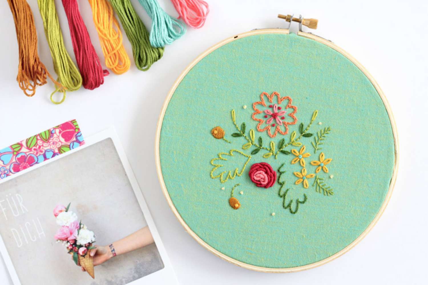 Sweet Posy Embroidery Pattern on Teal Fabric