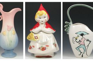 Hull Pottery (l-r): Tulip matte pastel pitcher; original Red Riding Hood Cookie Jar; Tropicana basket