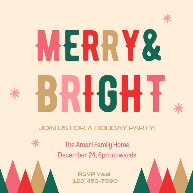 五颜六色的圣诞派对邀请函，上面写着“Merry & Bright”