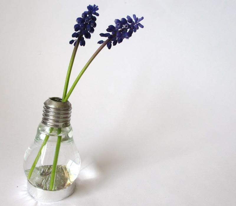 紫色的花在一个DIY灯泡花瓶。