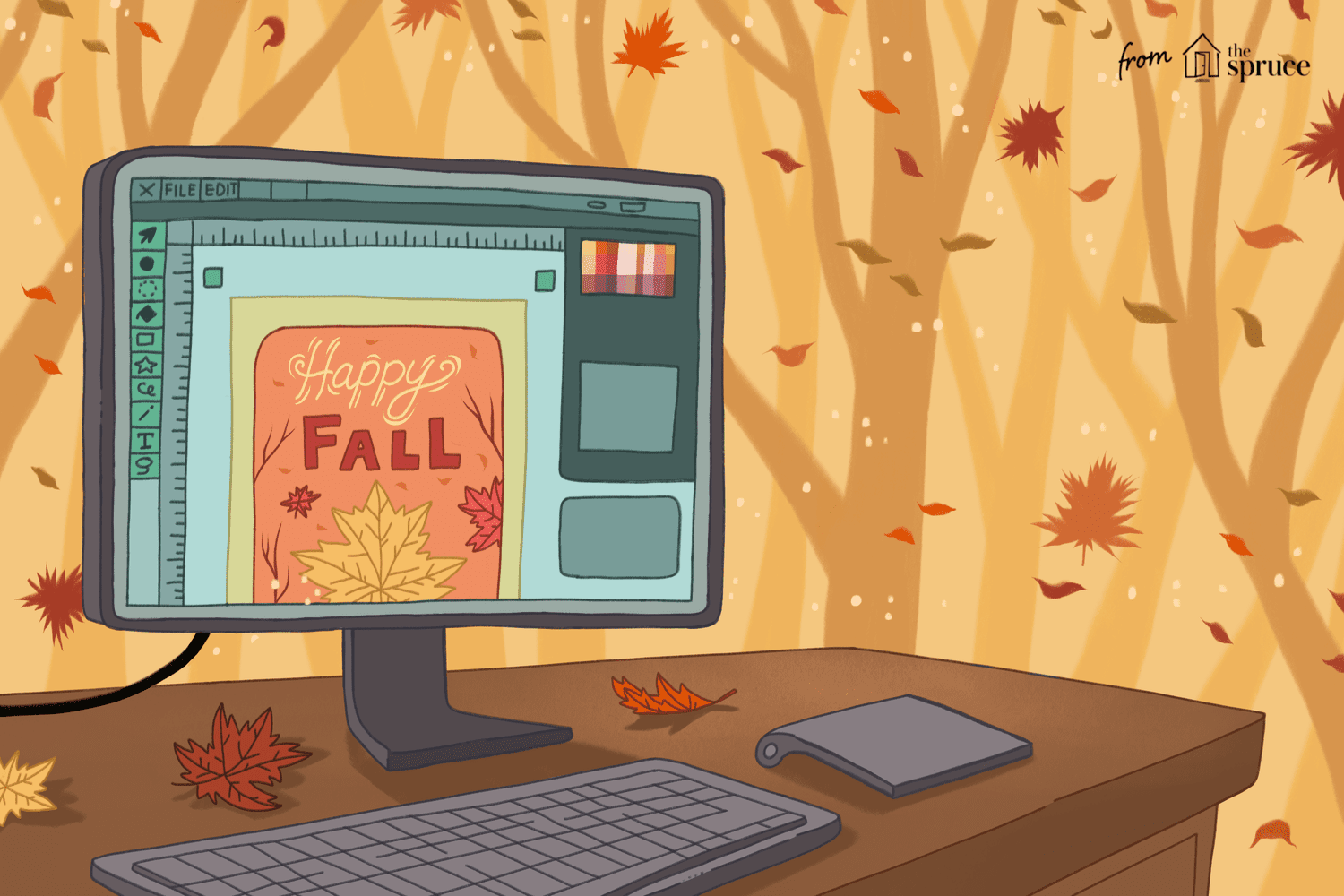 computer with fall clip art illustration