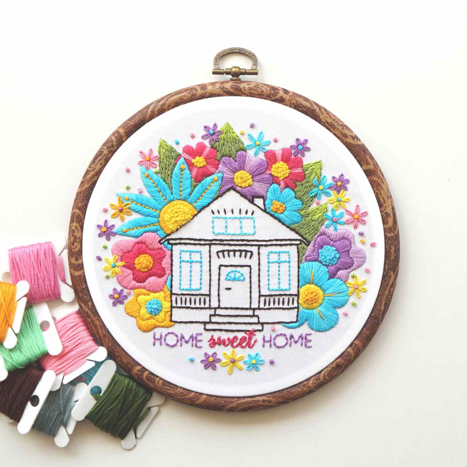 Home Sweet Home House and Flowers Embroidery Pattern