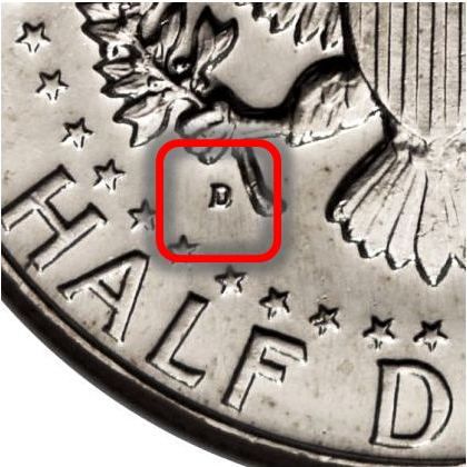 1964年肯尼迪半元硬币上的铸币标记位置