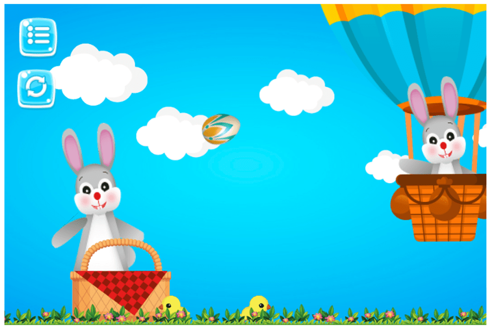 一只兔子在热气球里向另一只兔子扔蛋
