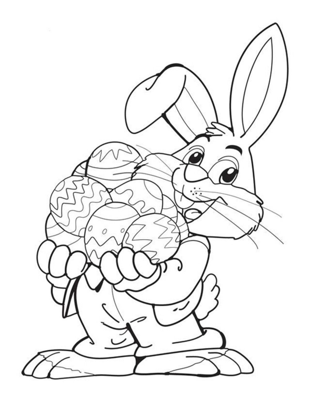 一只复活节兔子手里拿着一串彩蛋。
