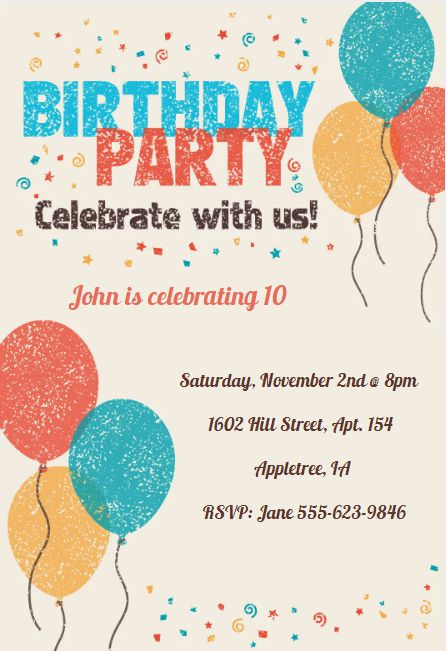 A birthday party invite with blue, yellow, and orange balloons and confetti