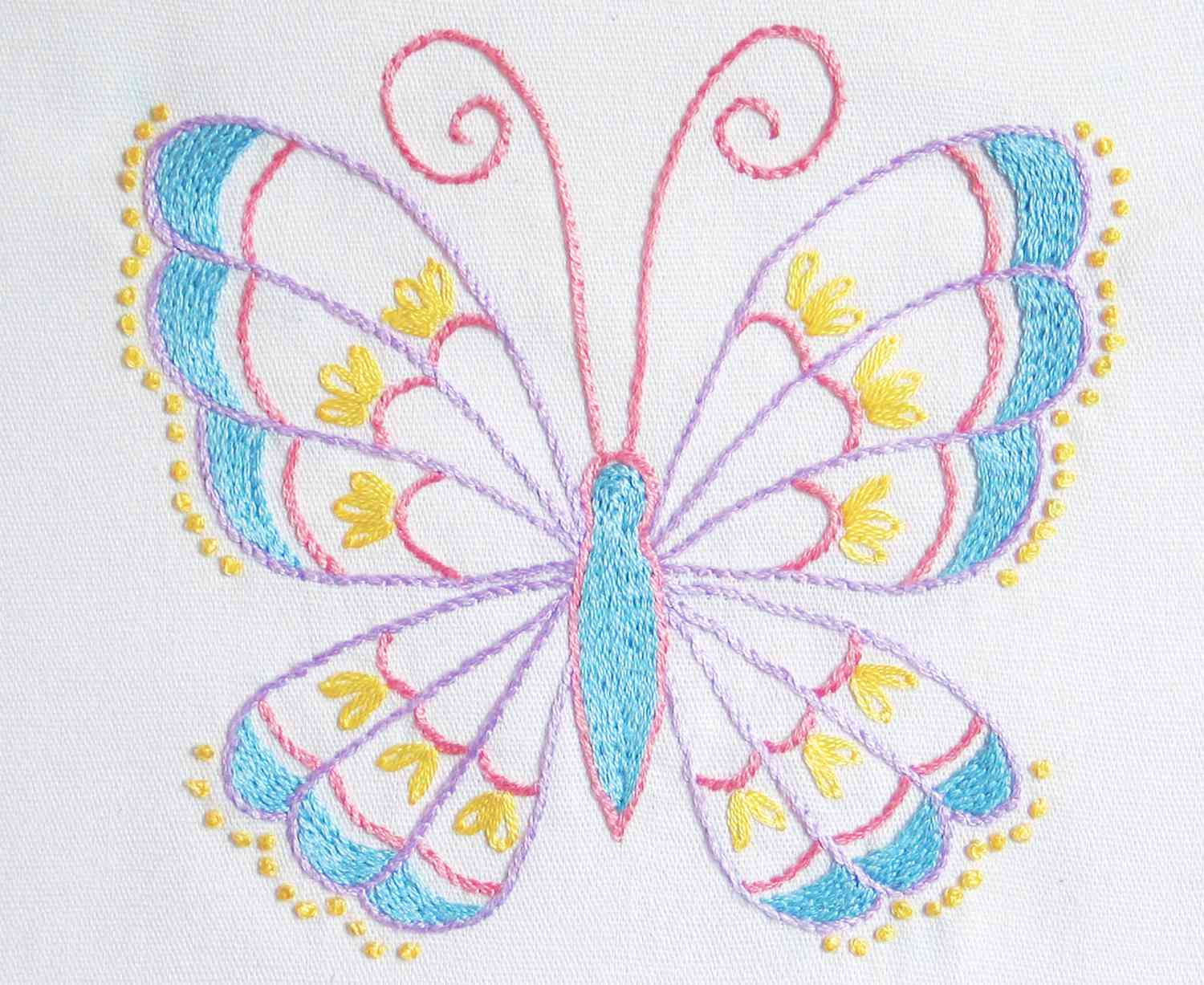 蝴蝶在花茎针法刺绣的样品