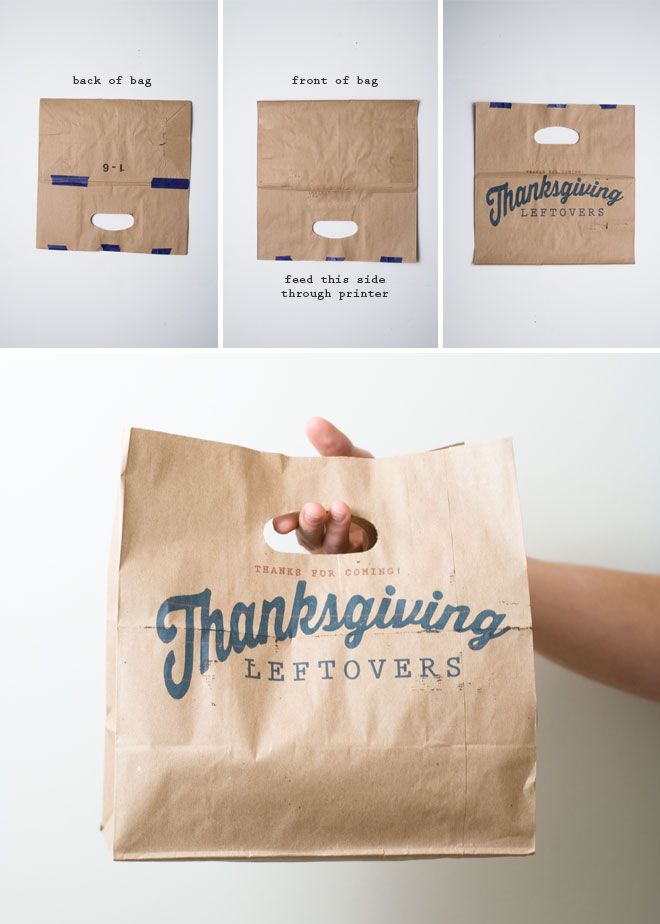 A person holding a paper bag that says "Thanksgiving Leftovers"