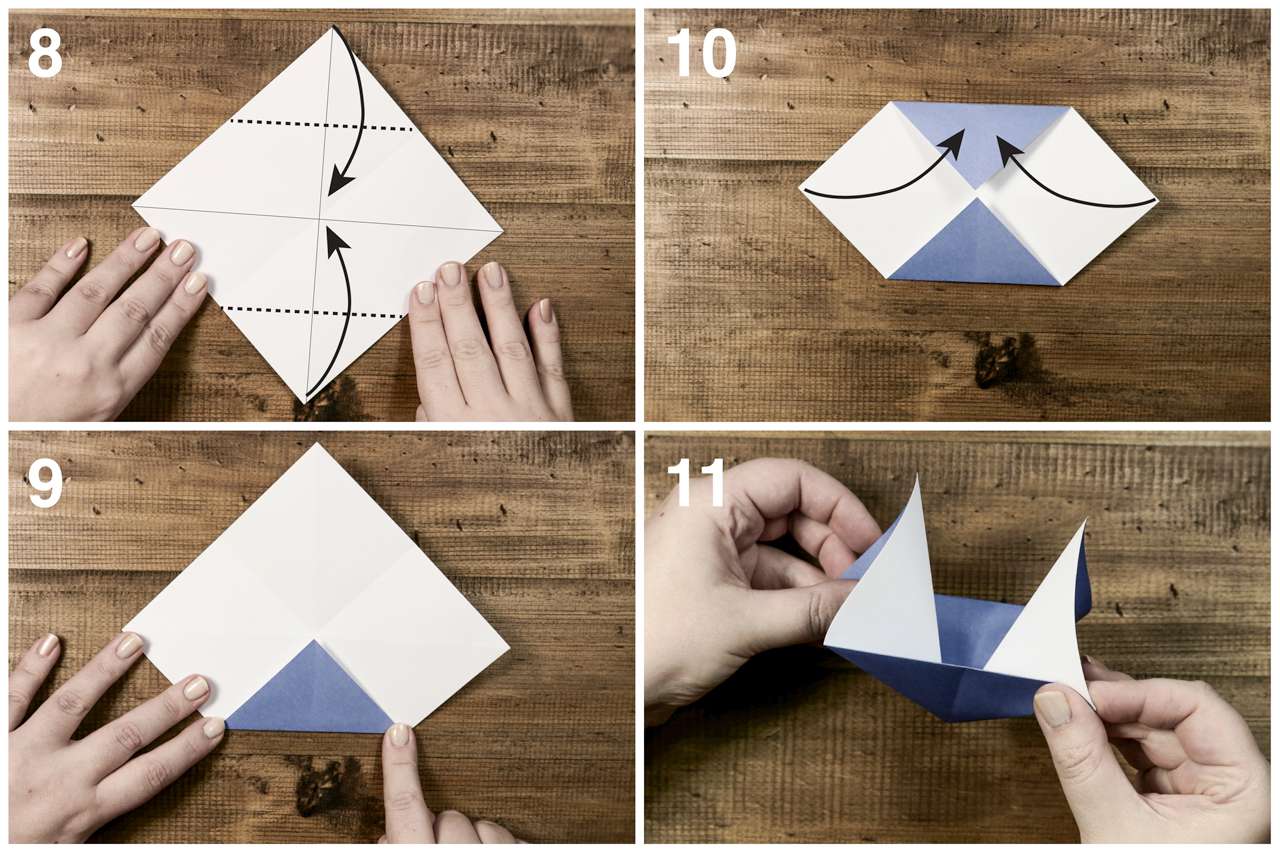 展开纸，重新折叠成折纸帆船的帆。