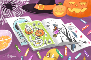 Illustration of Halloween coloring pages by crayons and decorations