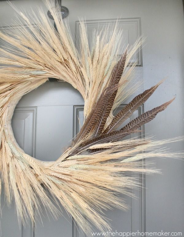 DIY Fall Wreath Using Wheat and Feathers