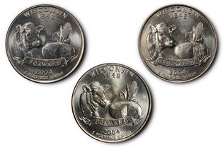 Three Different Types of 2004-D Wisconsin State Quarters.