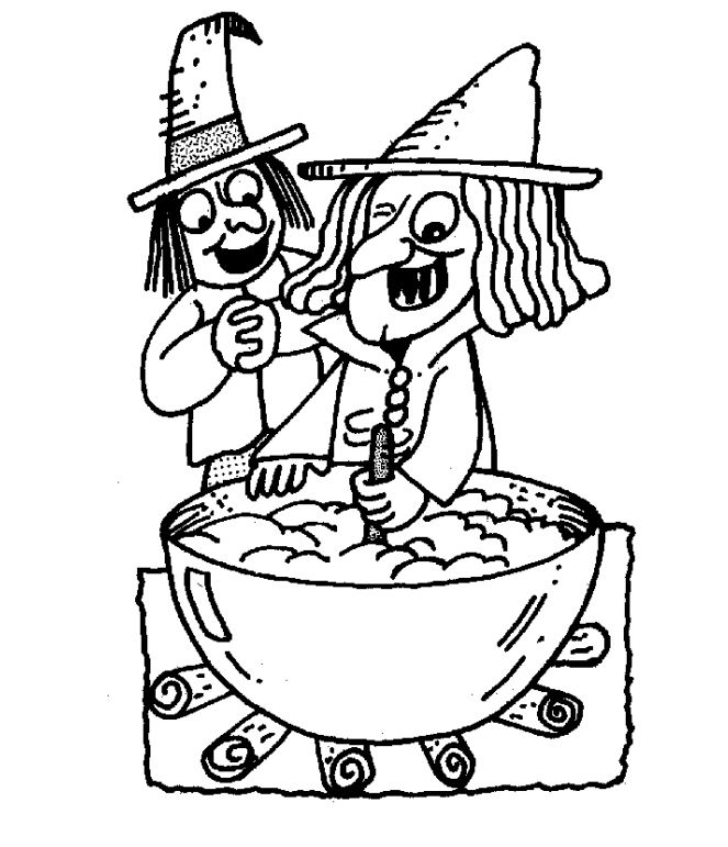 两个女巫搅拌大锅的涂色页
