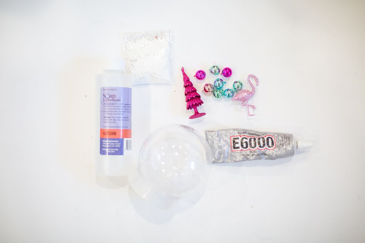 Materials for making a DIY snow globe