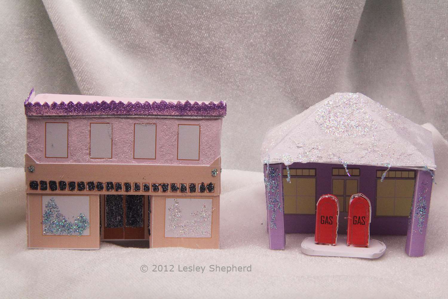 Printable miniature micro or "N" scale garage and store for a glitter village.