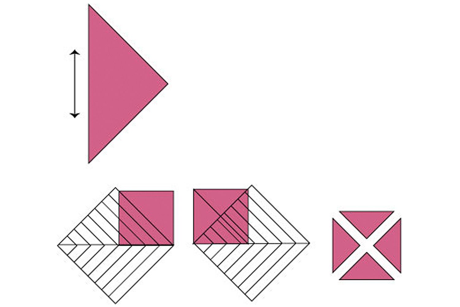 说明如何旋转切割四分之一正方形三角形的示意图