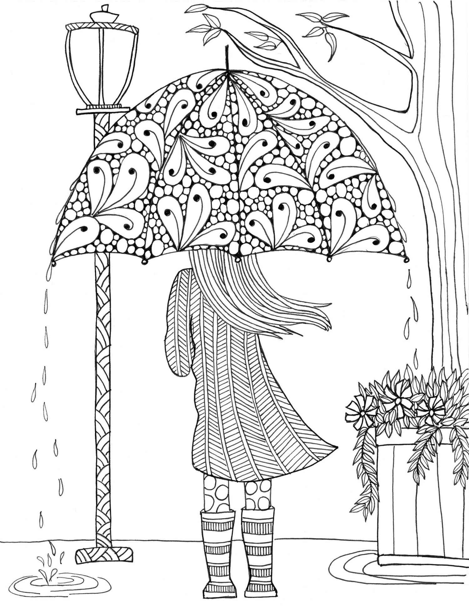 成人涂色页，画着一个女孩站在伞下