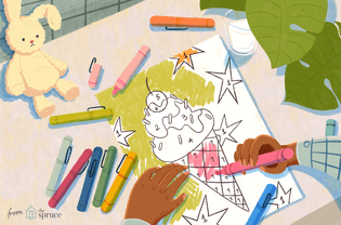一个孩子的手在数字页上涂颜色的插图，周围都是标记