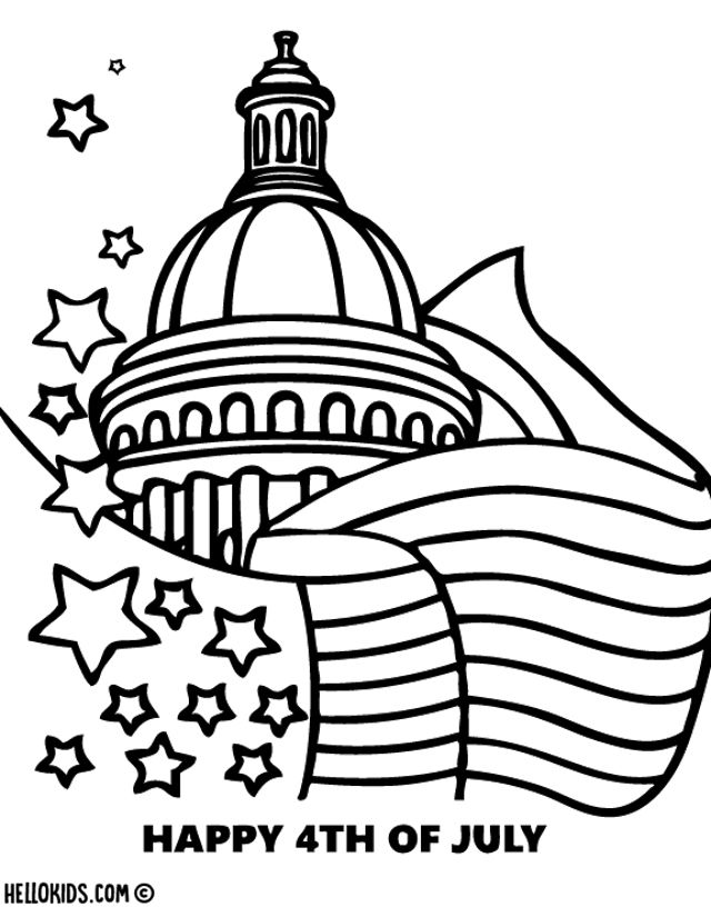 美国国会大厦和美国国旗的涂色页
