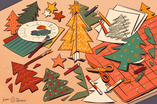 An illustration of Christmas tree cutouts on a crafting table