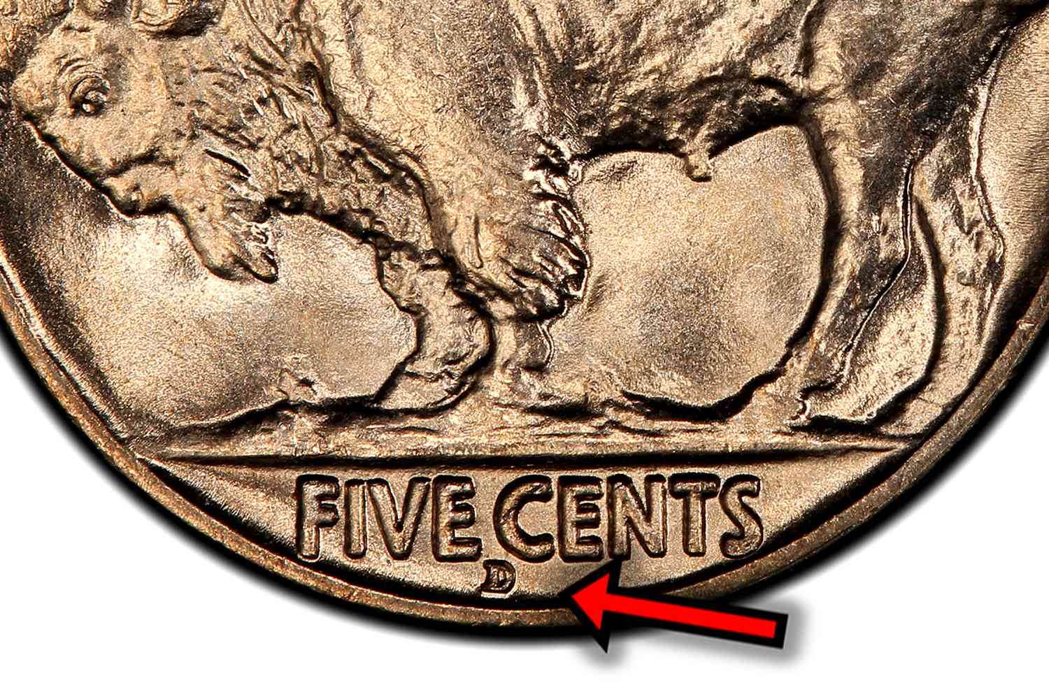 布法罗或印第安人头像镍币上的铸币印记的位置。