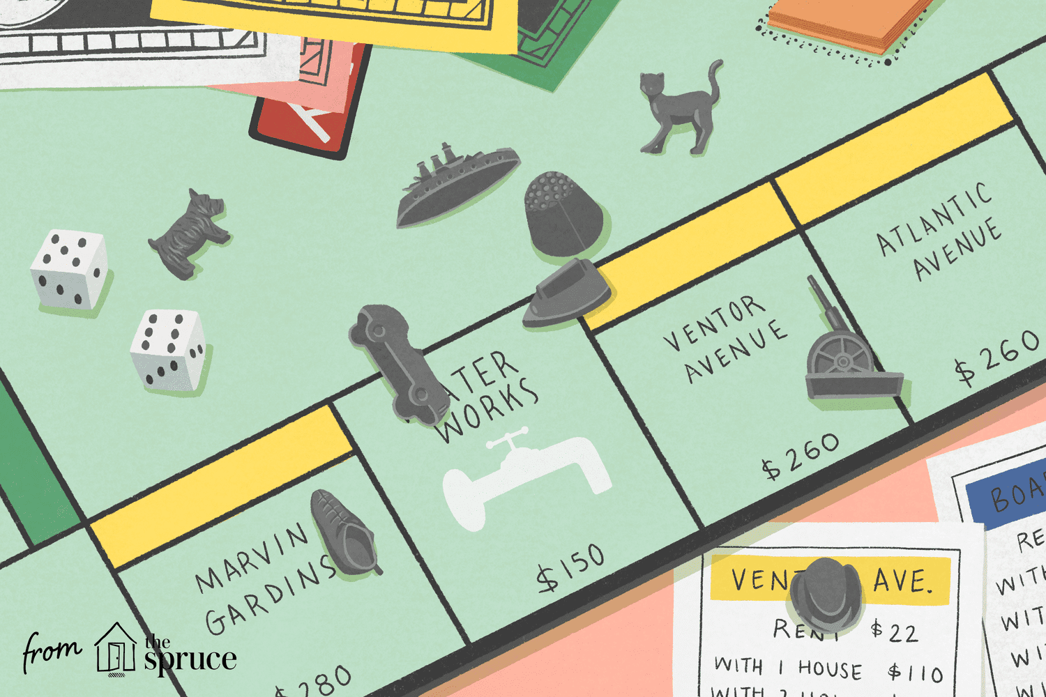 Illustration of Monopoly board and pieces