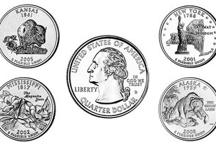 五枚美国硬币的插图。
