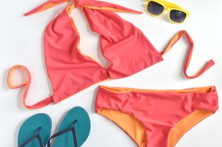 Two-Piece Reversible Swimsuit With Sunglasses and Flip Flops