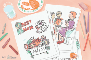 Illustration of colored in Mother's Day coloring pages next to colored pencils and a plate of orange slices