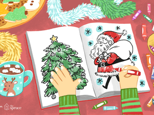 这是一个孩子用蜡笔、可可和节日饼干在桌子上给两张圣诞彩页上色的插图