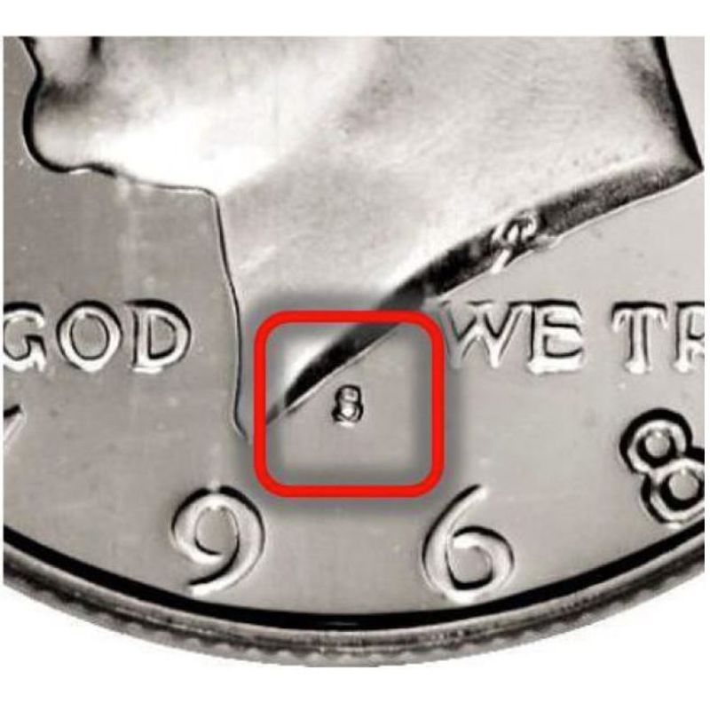 1968年或之后铸造的肯尼迪半美元上的铸币标记位置