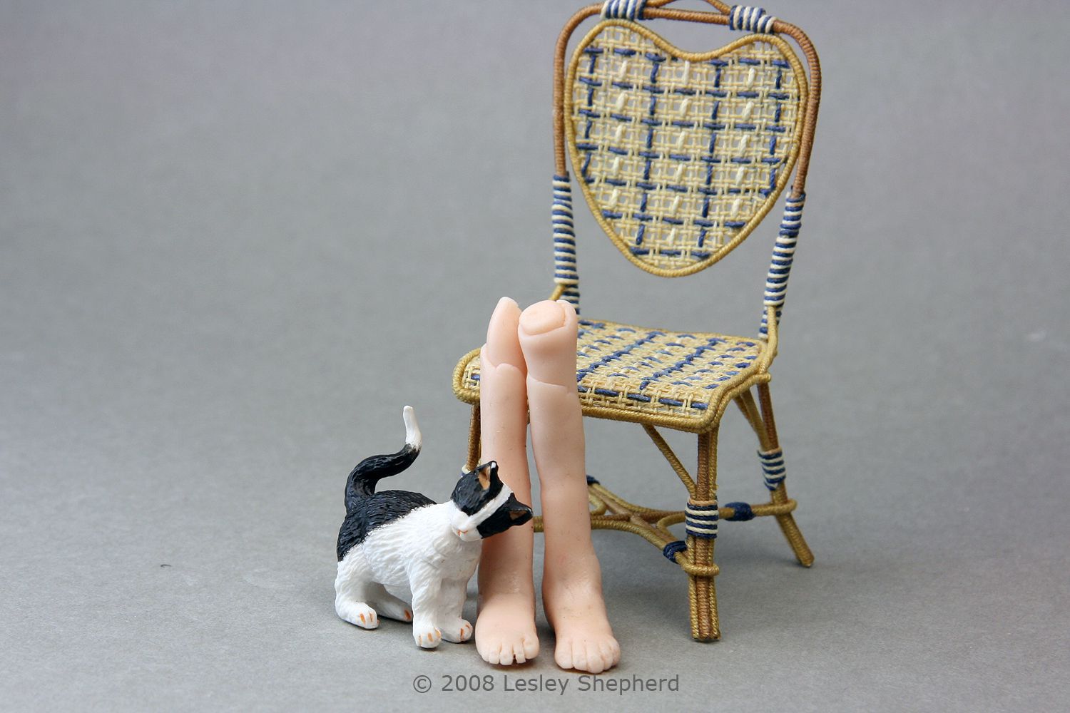 一对裸娃娃的脚由聚合物粘土为1:12规模娃娃旁边一个微型的猫