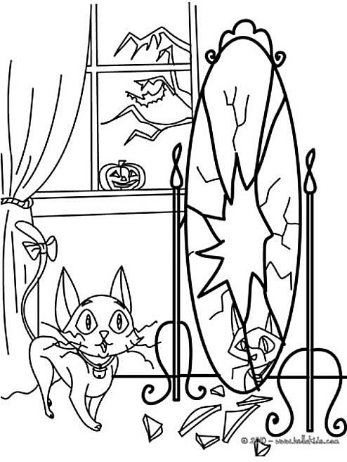 一张彩色画页，画的是一只猫站在一面破镜子前