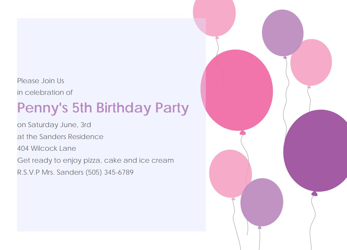 A birthday party invite with pink and purple balloons