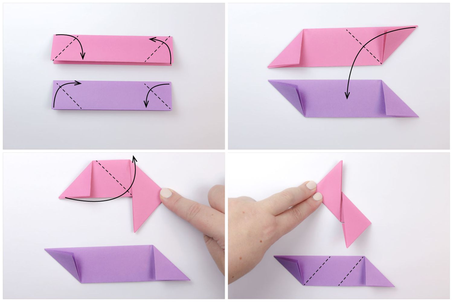 粉色和紫色的纸被折叠成折纸星星。